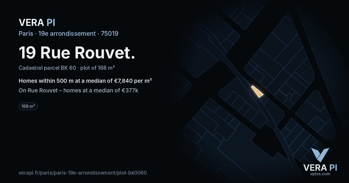 19 Rue Rouvet, 19e arrondissement at night – the plot lit, the parcels around coloured by the prices near them