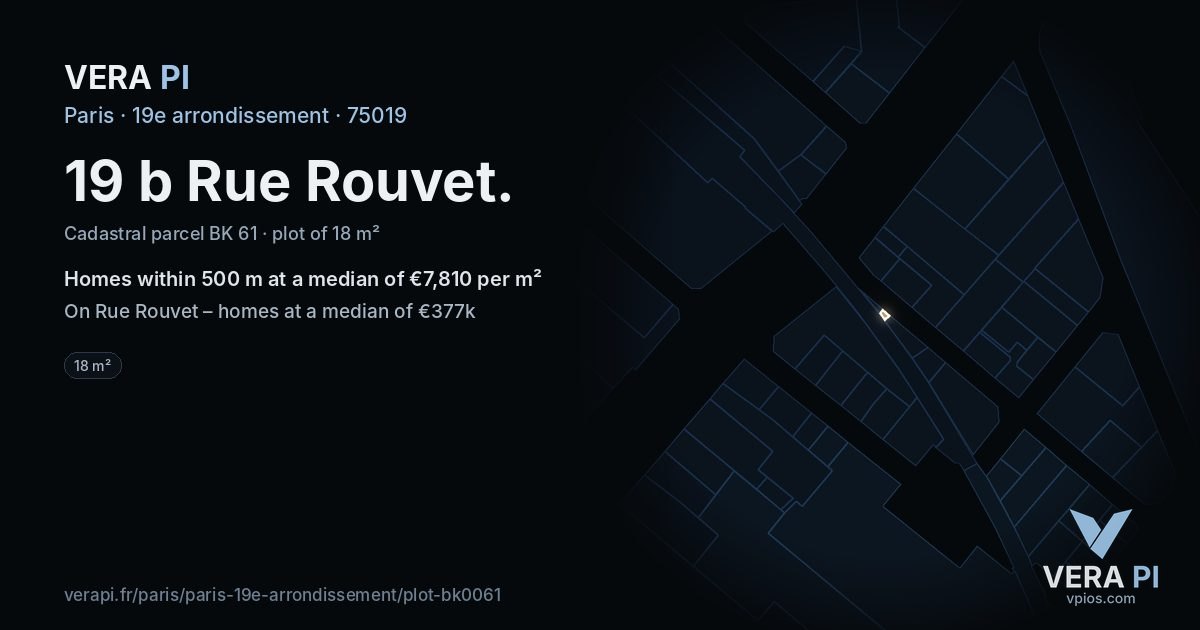19 b Rue Rouvet, 19e arrondissement at night – the plot lit, the parcels around coloured by the prices near them