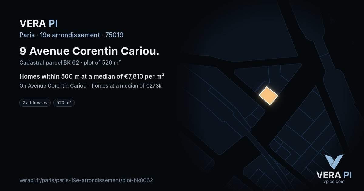 9 Avenue Corentin Cariou, 19e arrondissement at night – the plot lit, the parcels around coloured by the prices near them