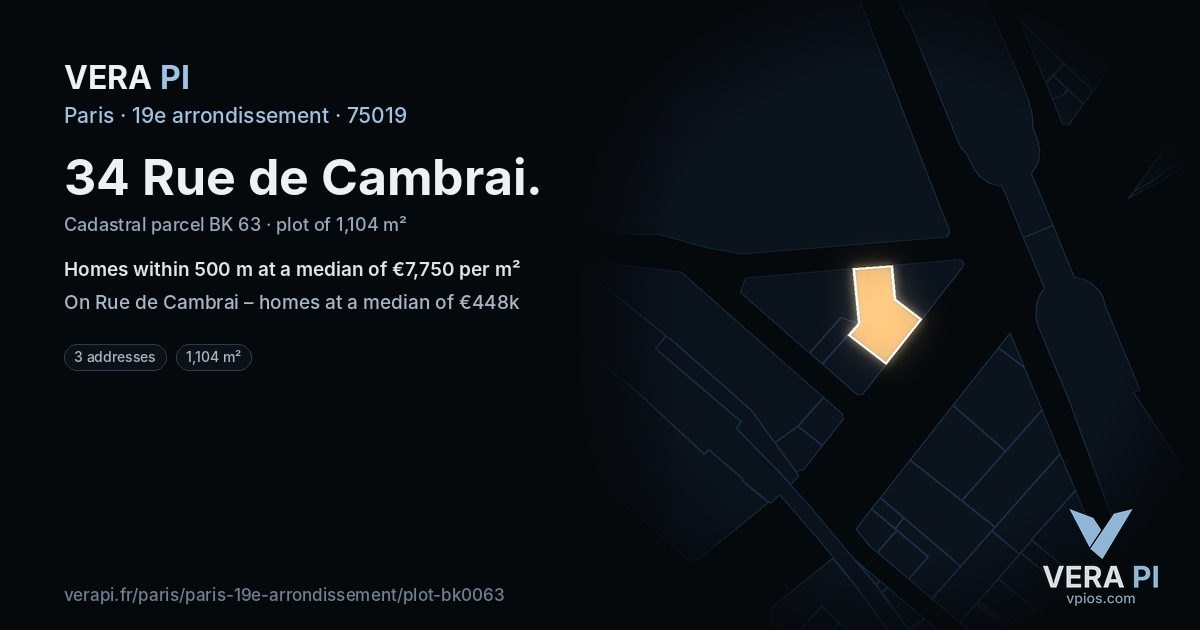 34 Rue de Cambrai, 19e arrondissement at night – the plot lit, the parcels around coloured by the prices near them