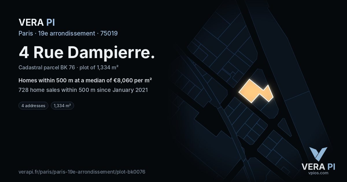 4 Rue Dampierre, 19e arrondissement at night – the plot lit, the parcels around coloured by the prices near them