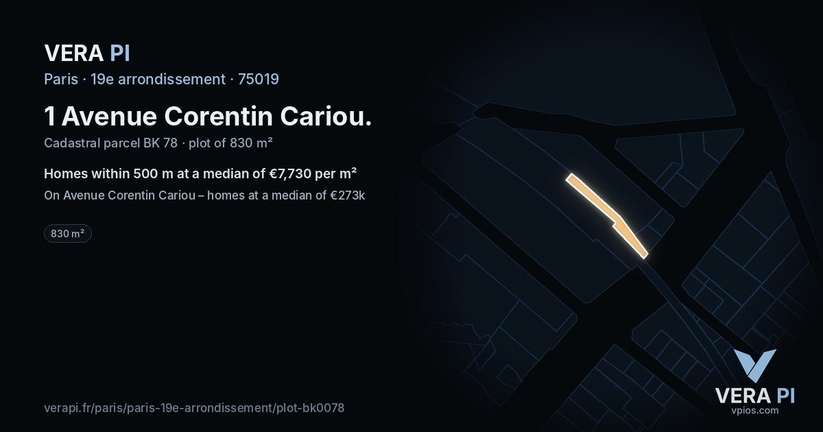 1 Avenue Corentin Cariou, 19e arrondissement at night – the plot lit, the parcels around coloured by the prices near them
