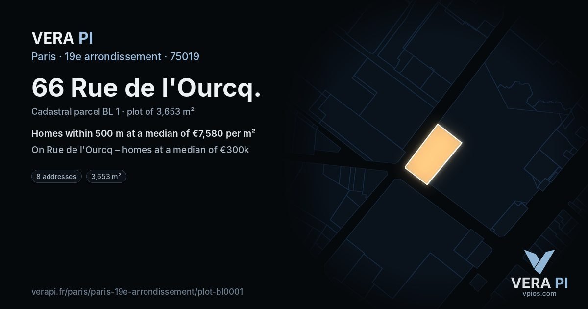 66 Rue de l'Ourcq, 19e arrondissement at night – the plot lit, the parcels around coloured by the prices near them