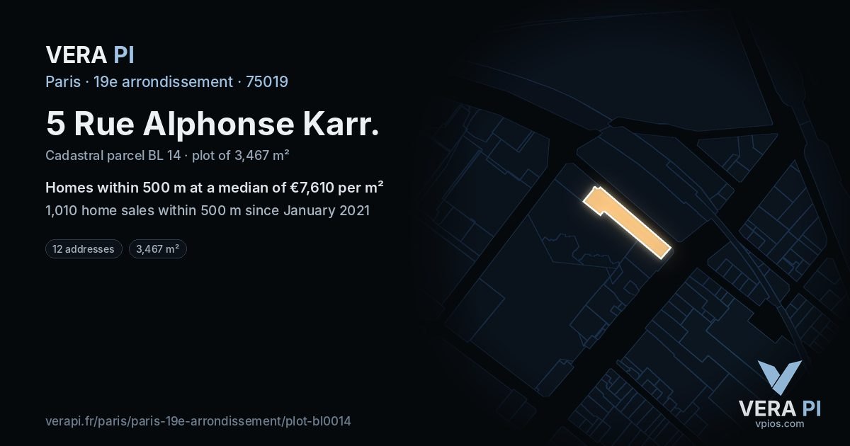 5 Rue Alphonse Karr, 19e arrondissement at night – the plot lit, the parcels around coloured by the prices near them