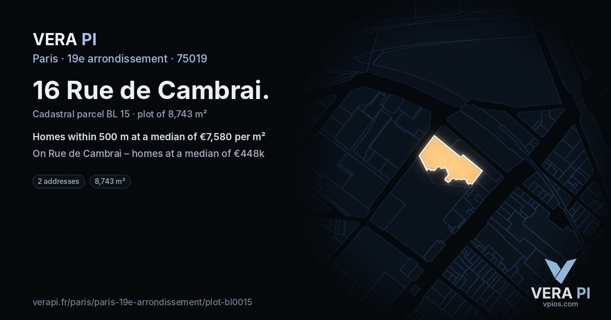16 Rue de Cambrai, 19e arrondissement at night – the plot lit, the parcels around coloured by the prices near them