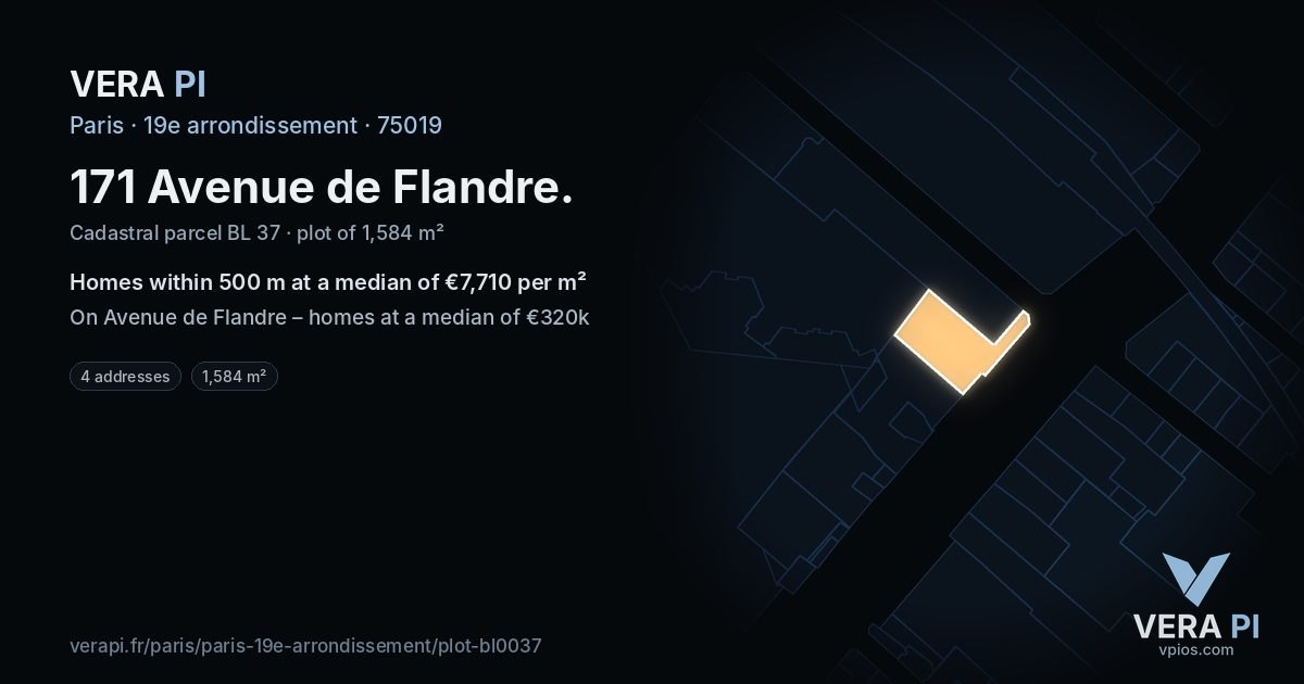 171 Avenue de Flandre, 19e arrondissement at night – the plot lit, the parcels around coloured by the prices near them