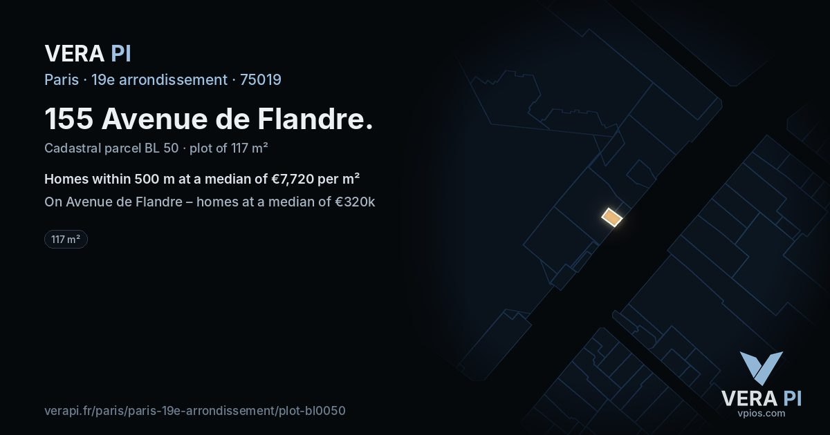 155 Avenue de Flandre, 19e arrondissement at night – the plot lit, the parcels around coloured by the prices near them