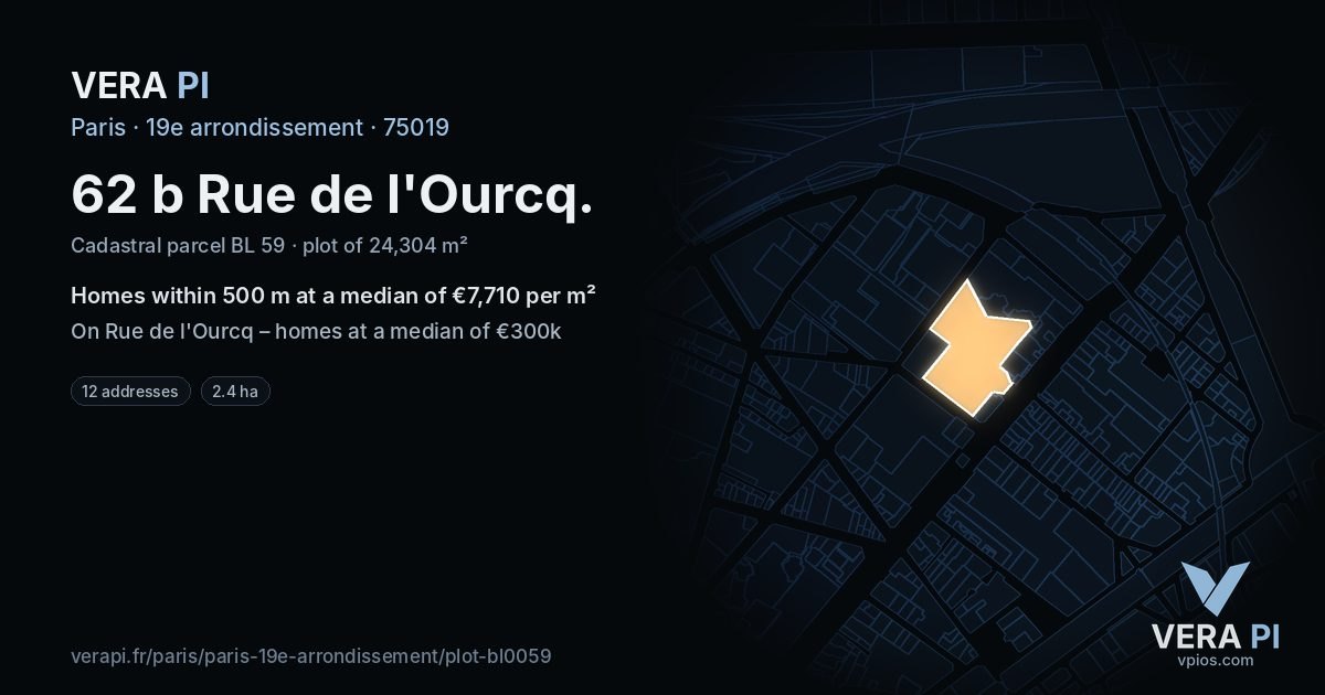 62 b Rue de l'Ourcq, 19e arrondissement at night – the plot lit, the parcels around coloured by the prices near them