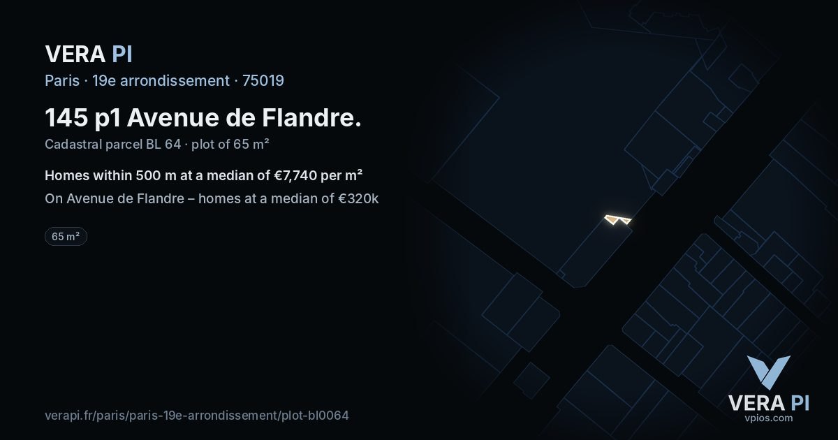 145 p1 Avenue de Flandre, 19e arrondissement at night – the plot lit, the parcels around coloured by the prices near them