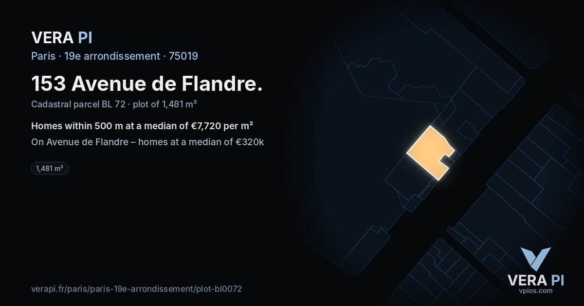 153 Avenue de Flandre, 19e arrondissement at night – the plot lit, the parcels around coloured by the prices near them
