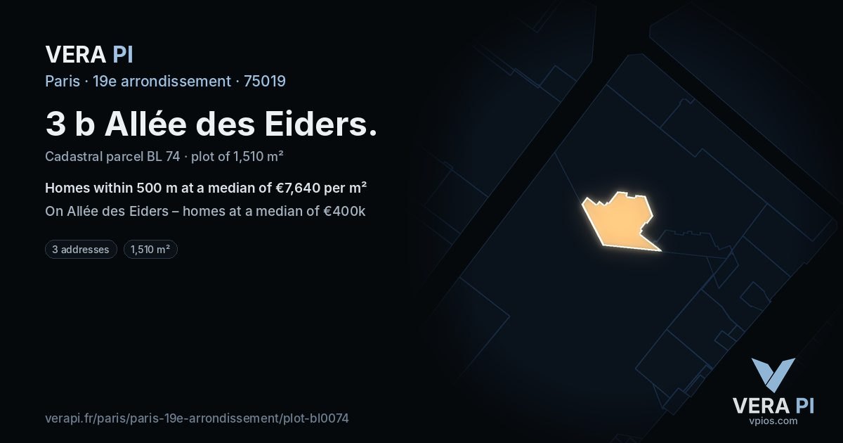 3 b Allée des Eiders, 19e arrondissement at night – the plot lit, the parcels around coloured by the prices near them