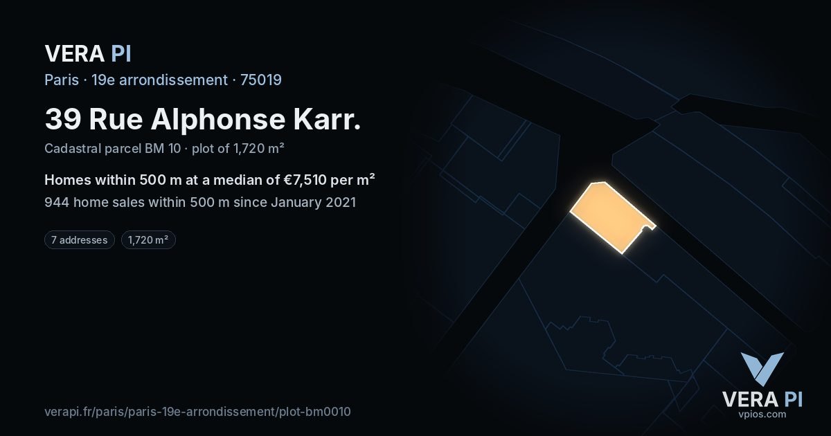 39 Rue Alphonse Karr, 19e arrondissement at night – the plot lit, the parcels around coloured by the prices near them