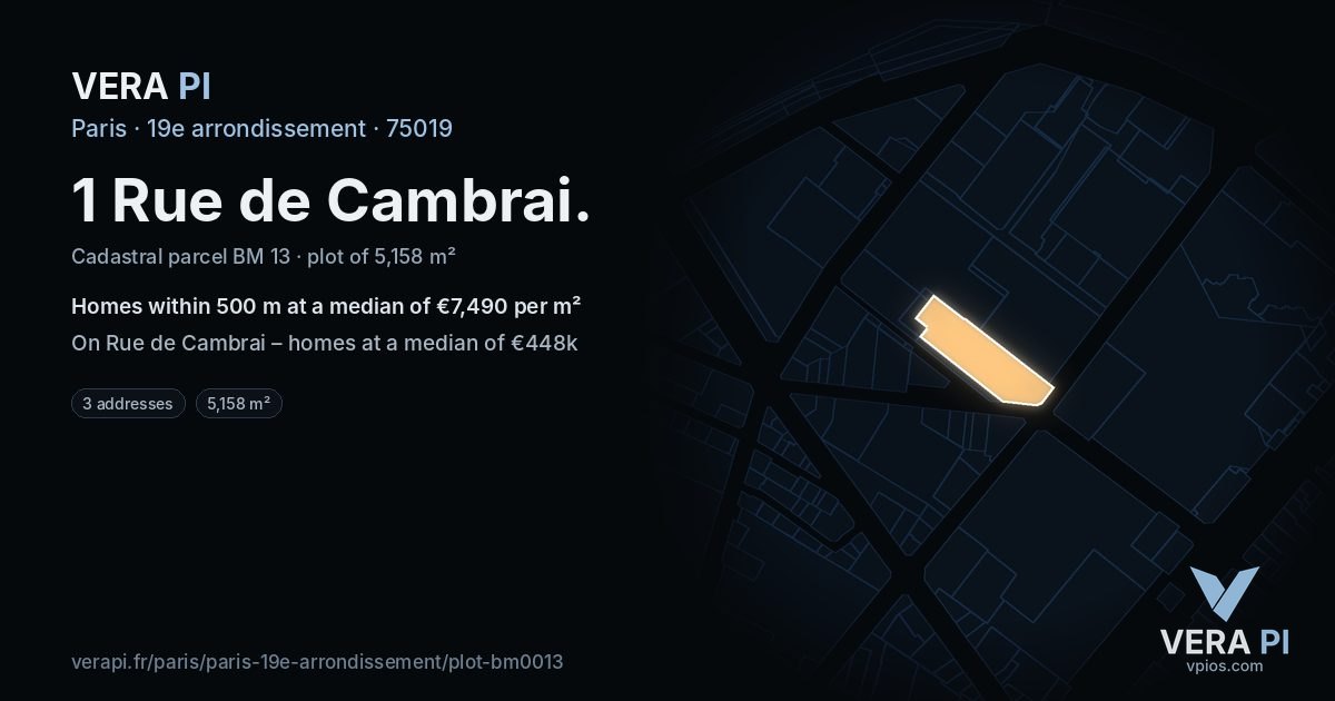 1 Rue de Cambrai, 19e arrondissement at night – the plot lit, the parcels around coloured by the prices near them