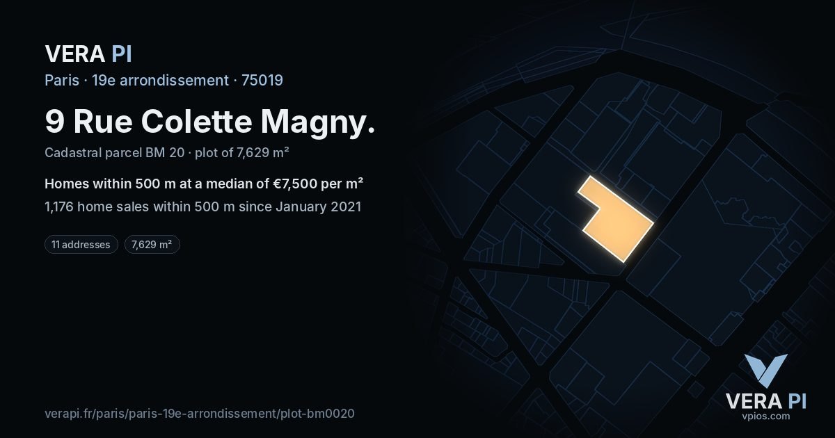 9 Rue Colette Magny, 19e arrondissement at night – the plot lit, the parcels around coloured by the prices near them