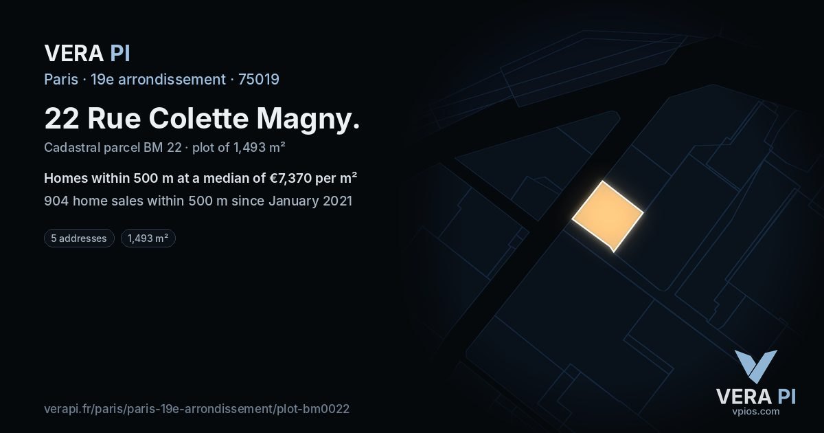 22 Rue Colette Magny, 19e arrondissement at night – the plot lit, the parcels around coloured by the prices near them