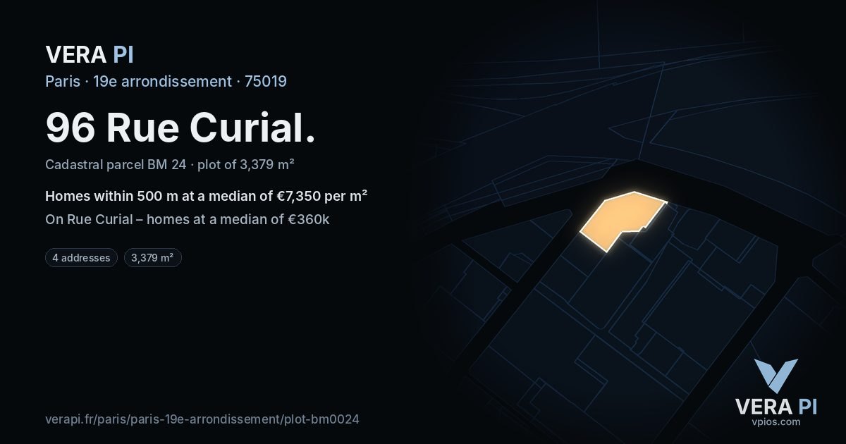 96 Rue Curial, 19e arrondissement at night – the plot lit, the parcels around coloured by the prices near them