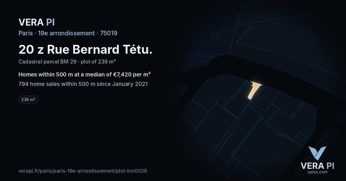20 z Rue Bernard Tétu, 19e arrondissement at night – the plot lit, the parcels around coloured by the prices near them