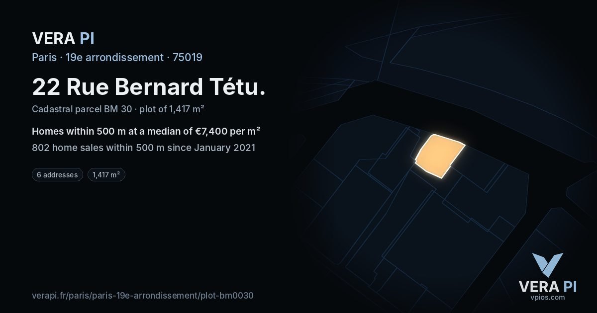 22 Rue Bernard Tétu, 19e arrondissement at night – the plot lit, the parcels around coloured by the prices near them