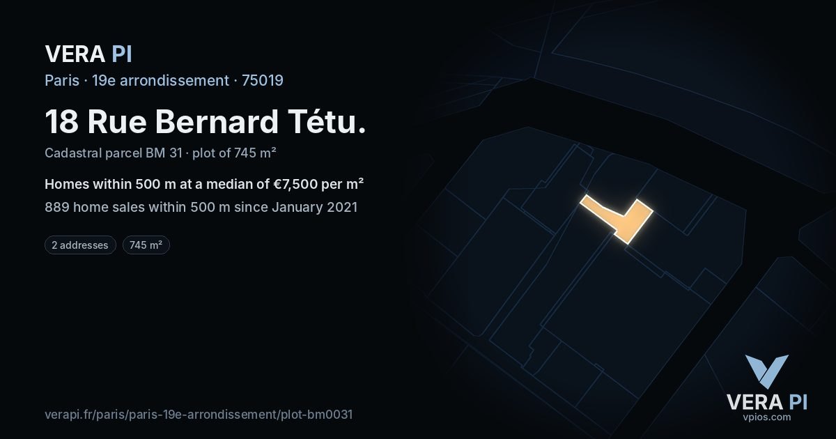 18 Rue Bernard Tétu, 19e arrondissement at night – the plot lit, the parcels around coloured by the prices near them