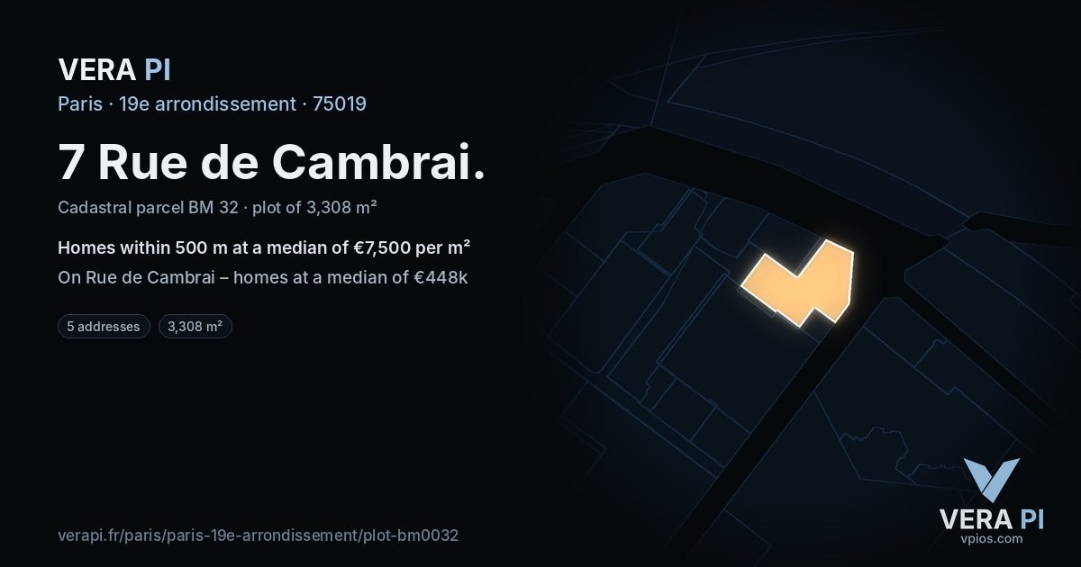 7 Rue de Cambrai, 19e arrondissement at night – the plot lit, the parcels around coloured by the prices near them