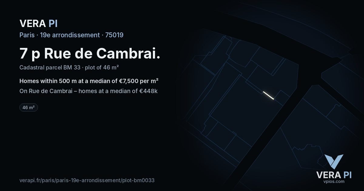 7 p Rue de Cambrai, 19e arrondissement at night – the plot lit, the parcels around coloured by the prices near them