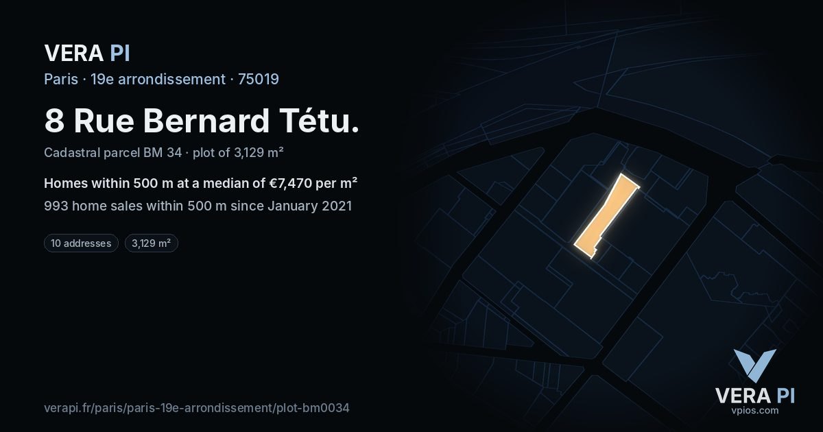 8 Rue Bernard Tétu, 19e arrondissement at night – the plot lit, the parcels around coloured by the prices near them