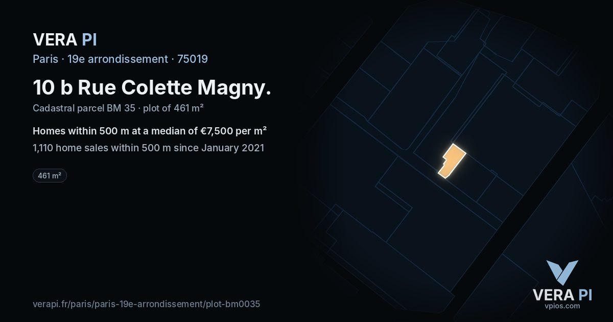10 b Rue Colette Magny, 19e arrondissement at night – the plot lit, the parcels around coloured by the prices near them