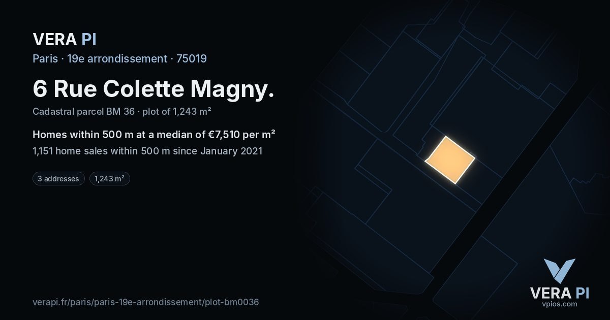6 Rue Colette Magny, 19e arrondissement at night – the plot lit, the parcels around coloured by the prices near them