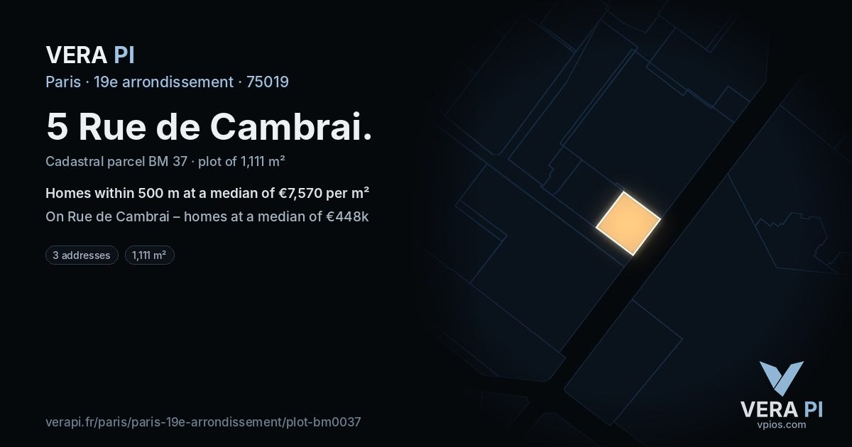 5 Rue de Cambrai, 19e arrondissement at night – the plot lit, the parcels around coloured by the prices near them