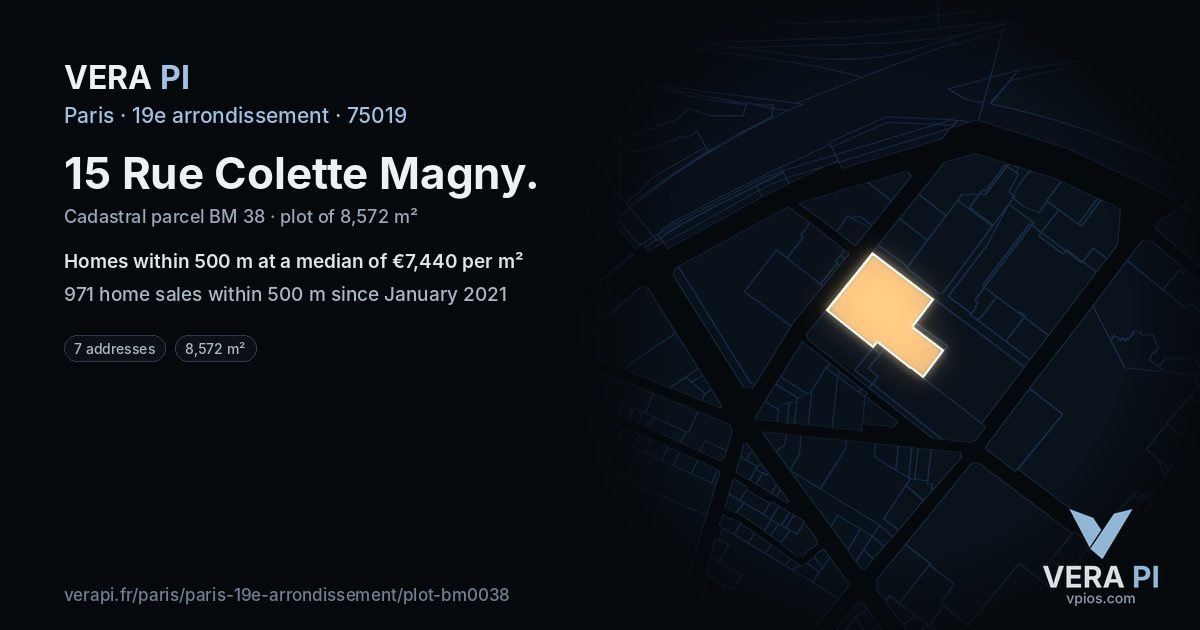 15 Rue Colette Magny, 19e arrondissement at night – the plot lit, the parcels around coloured by the prices near them