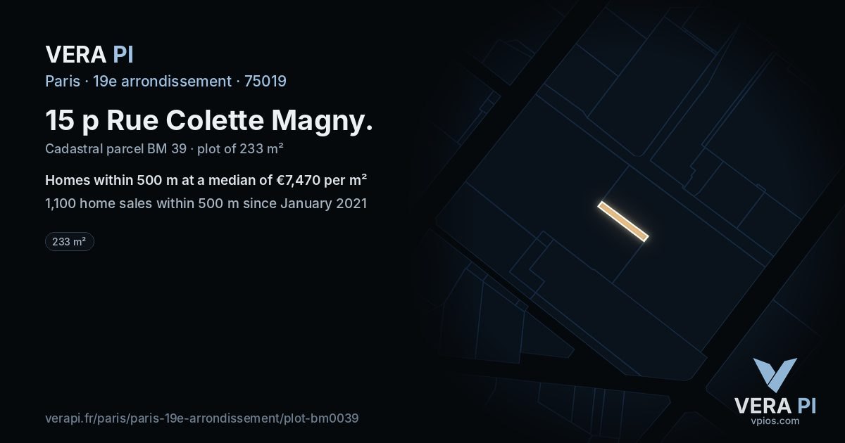 15 p Rue Colette Magny, 19e arrondissement at night – the plot lit, the parcels around coloured by the prices near them