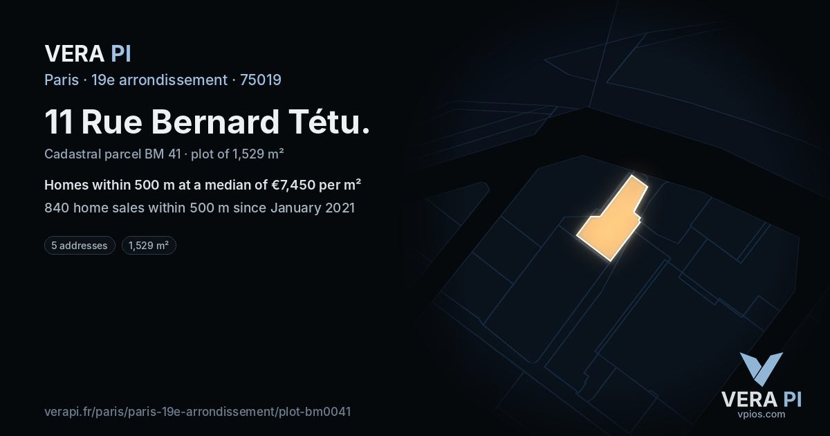 11 Rue Bernard Tétu, 19e arrondissement at night – the plot lit, the parcels around coloured by the prices near them