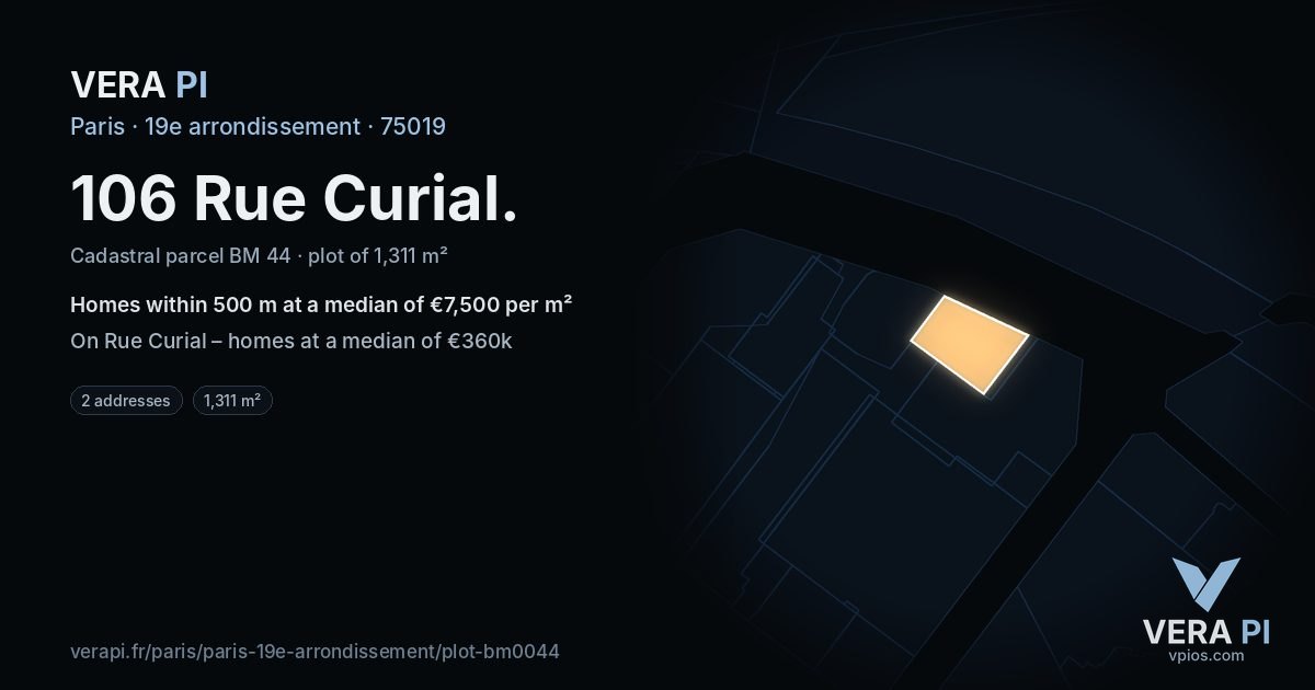 106 Rue Curial, 19e arrondissement at night – the plot lit, the parcels around coloured by the prices near them