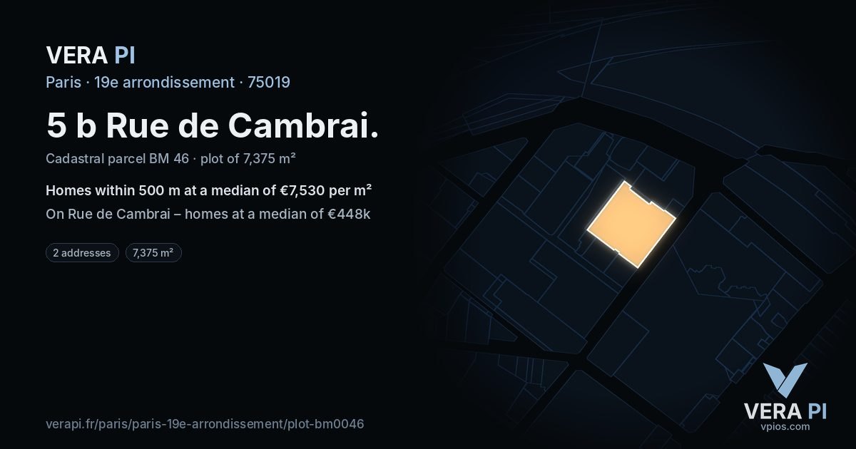 5 b Rue de Cambrai, 19e arrondissement at night – the plot lit, the parcels around coloured by the prices near them