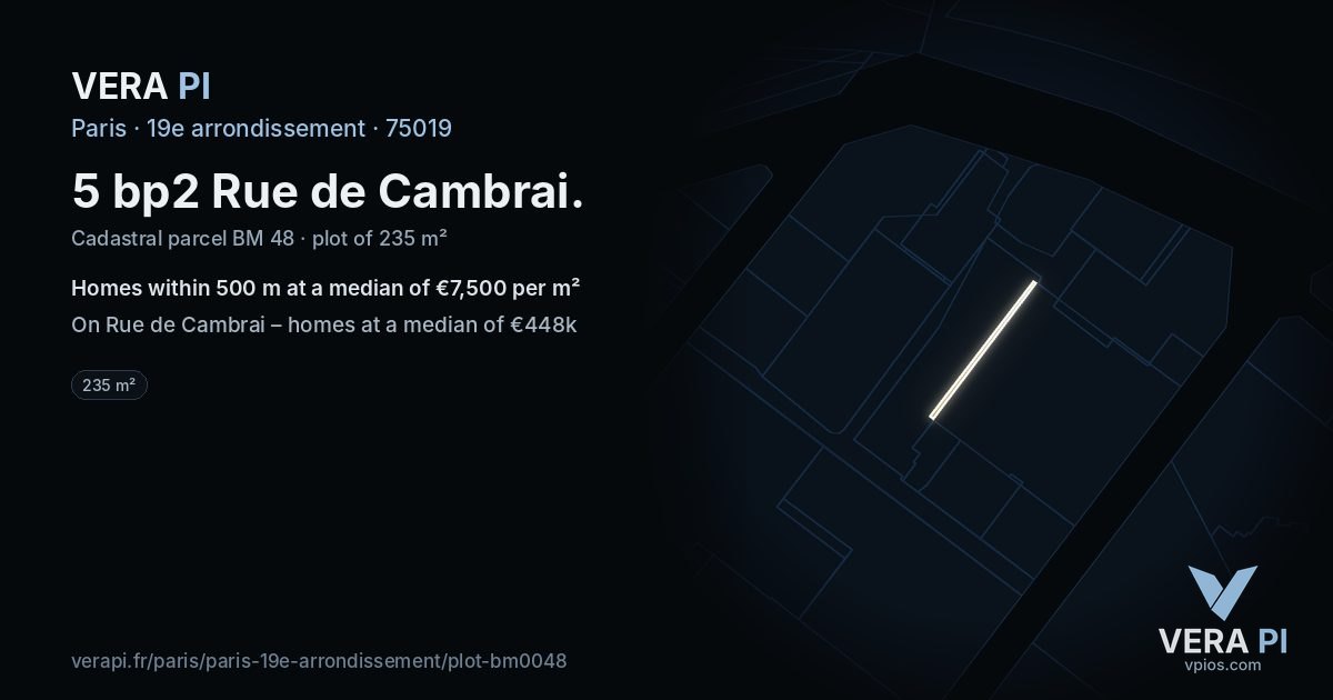5 bp2 Rue de Cambrai, 19e arrondissement at night – the plot lit, the parcels around coloured by the prices near them