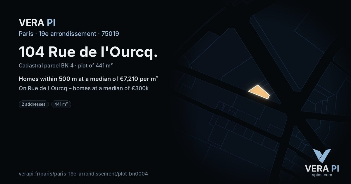 104 Rue de l'Ourcq, 19e arrondissement at night – the plot lit, the parcels around coloured by the prices near them