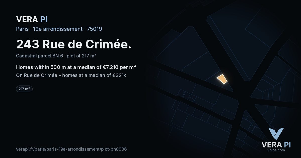 243 Rue de Crimée, 19e arrondissement at night – the plot lit, the parcels around coloured by the prices near them