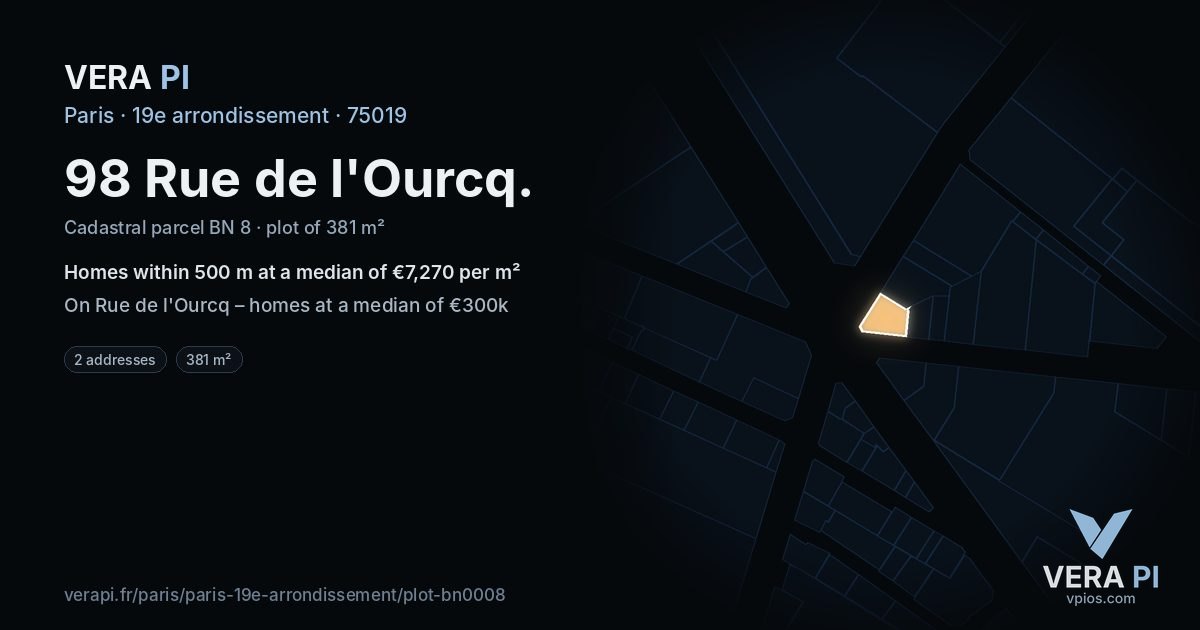 98 Rue de l'Ourcq, 19e arrondissement at night – the plot lit, the parcels around coloured by the prices near them