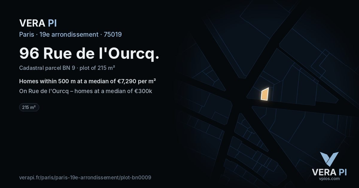96 Rue de l'Ourcq, 19e arrondissement at night – the plot lit, the parcels around coloured by the prices near them