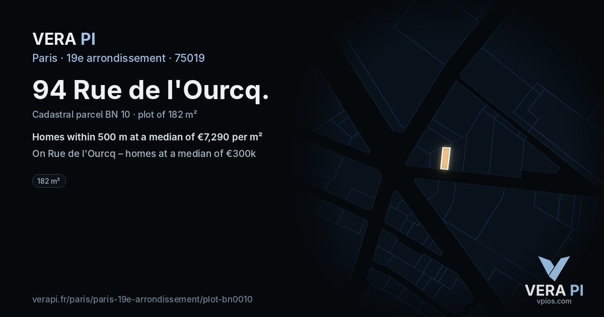 94 Rue de l'Ourcq, 19e arrondissement at night – the plot lit, the parcels around coloured by the prices near them
