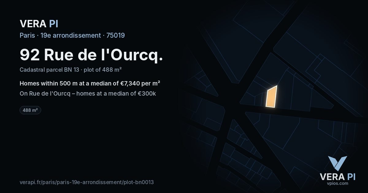 92 Rue de l'Ourcq, 19e arrondissement at night – the plot lit, the parcels around coloured by the prices near them