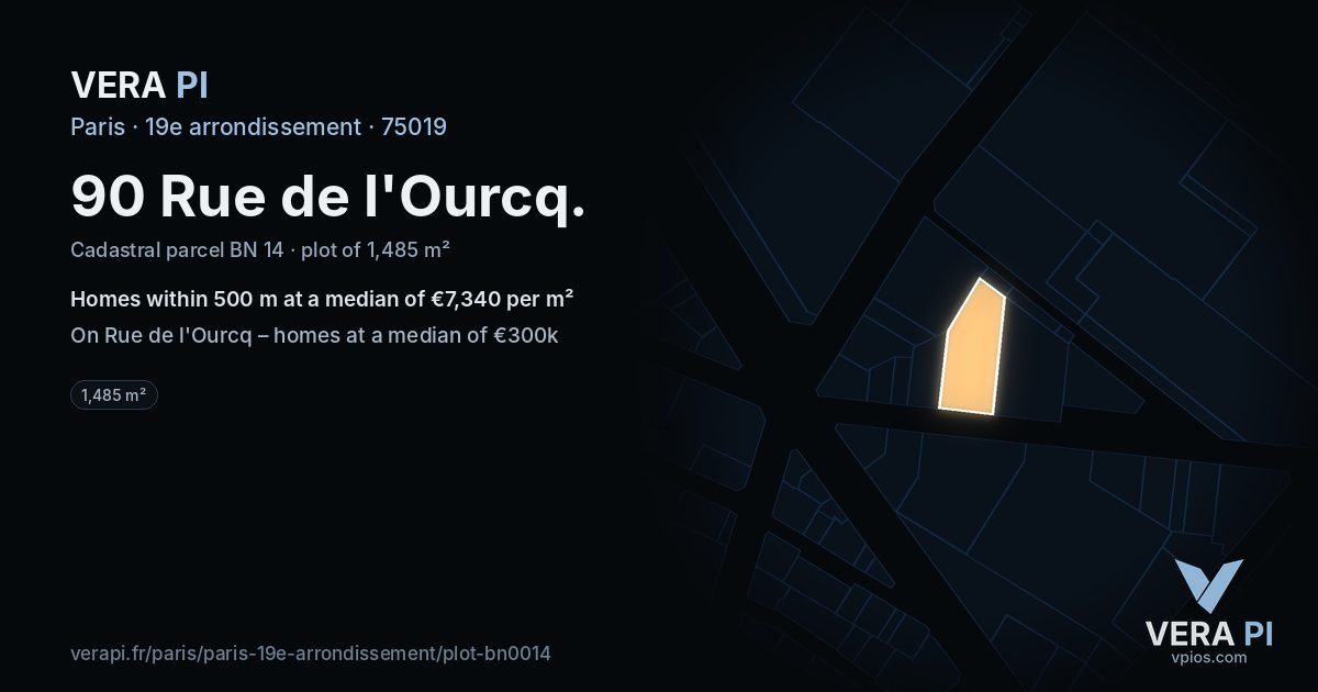 90 Rue de l'Ourcq, 19e arrondissement at night – the plot lit, the parcels around coloured by the prices near them