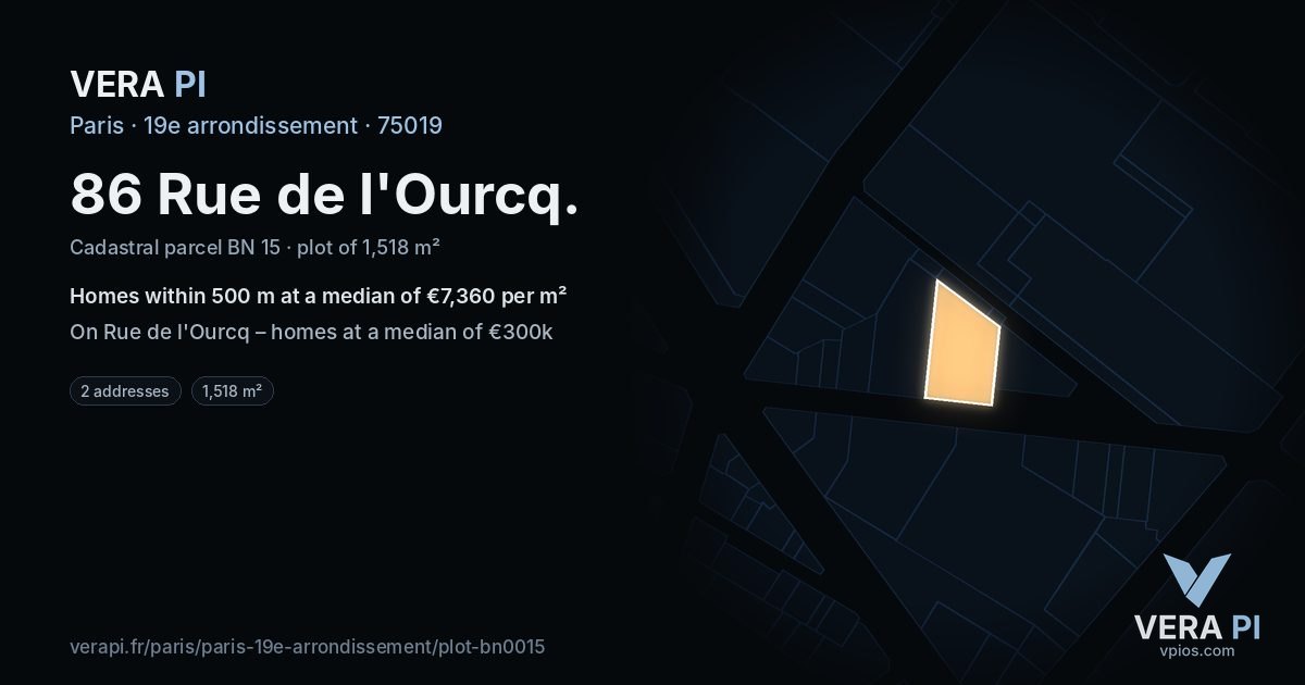 86 Rue de l'Ourcq, 19e arrondissement at night – the plot lit, the parcels around coloured by the prices near them