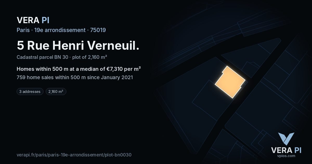 5 Rue Henri Verneuil, 19e arrondissement at night – the plot lit, the parcels around coloured by the prices near them