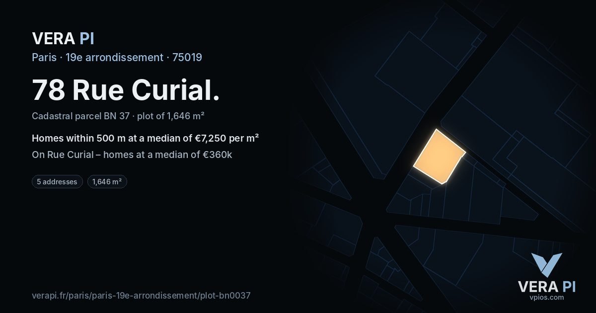78 Rue Curial, 19e arrondissement at night – the plot lit, the parcels around coloured by the prices near them