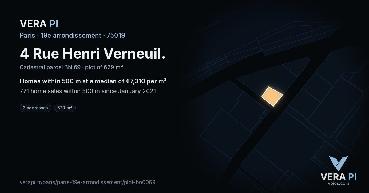 4 Rue Henri Verneuil, 19e arrondissement at night – the plot lit, the parcels around coloured by the prices near them
