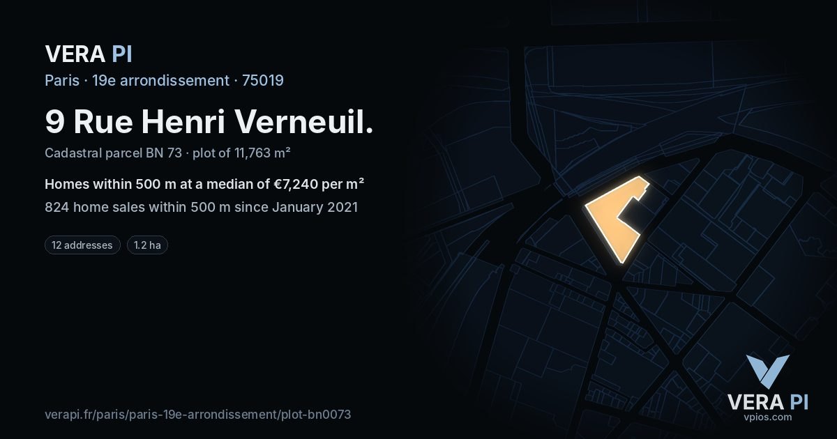 9 Rue Henri Verneuil, 19e arrondissement at night – the plot lit, the parcels around coloured by the prices near them