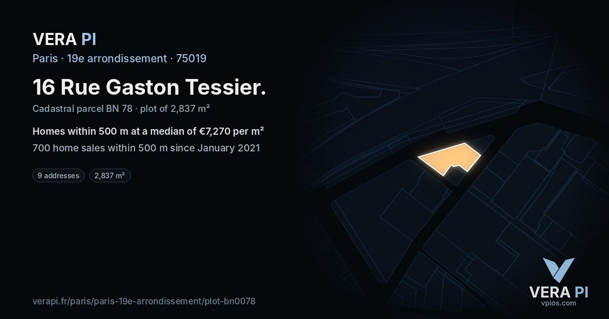 16 Rue Gaston Tessier, 19e arrondissement at night – the plot lit, the parcels around coloured by the prices near them