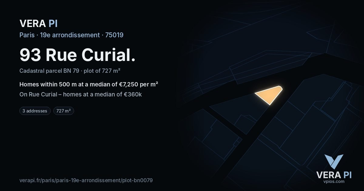 93 Rue Curial, 19e arrondissement at night – the plot lit, the parcels around coloured by the prices near them