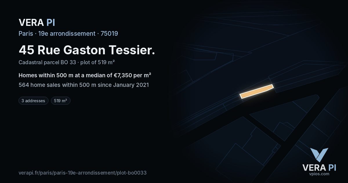 45 Rue Gaston Tessier, 19e arrondissement at night – the plot lit, the parcels around coloured by the prices near them